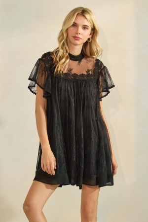VD72326<br/>Lace Butter Sleeve Mock Neck Mini Dress