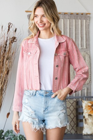 VJ52079<br/>Washed Denim Jacket with Rhinestone