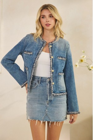 VJ72498<br/>Tweed Trimmed Front Pocket Denim Jacket