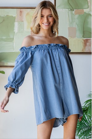 VP72284<br/>Off Shoulder Denim Romper